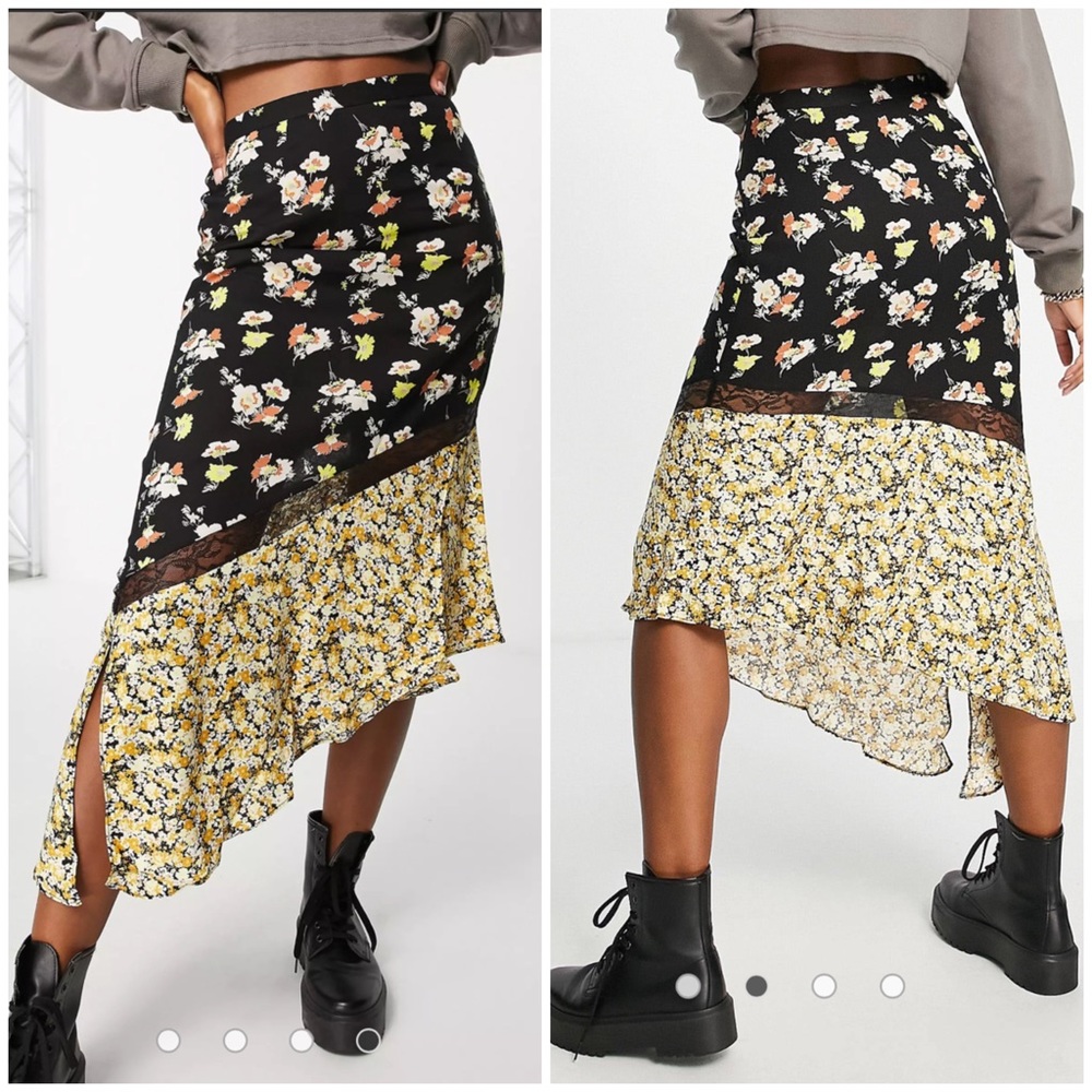 Floral Asymmetric Midi Skirt in Black and Yellow